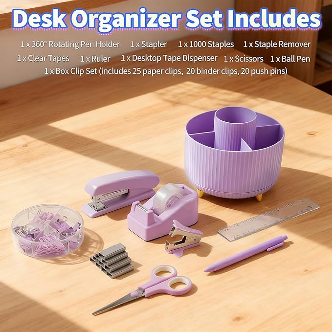 10pcs Purple Office Accessories for Women, Office Supplies Set, Desk Organizer with 360° Rotating Pen Holder, Stapler, Staple Remover, Tape Dispenser, Scissor, Ruler, Gift for Students, Office Clerks
