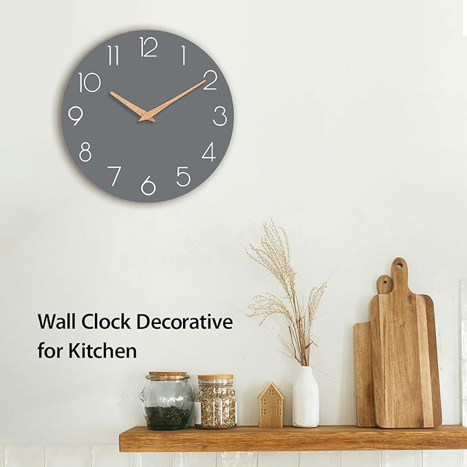 Wall Clock, 16 Inch Wooden Battery Operated Wall Clocks Silent Non-Ticking, Decorative Gray Clock for Living Room, Bedroom, Kitchen, Home, Office, School, Hotel