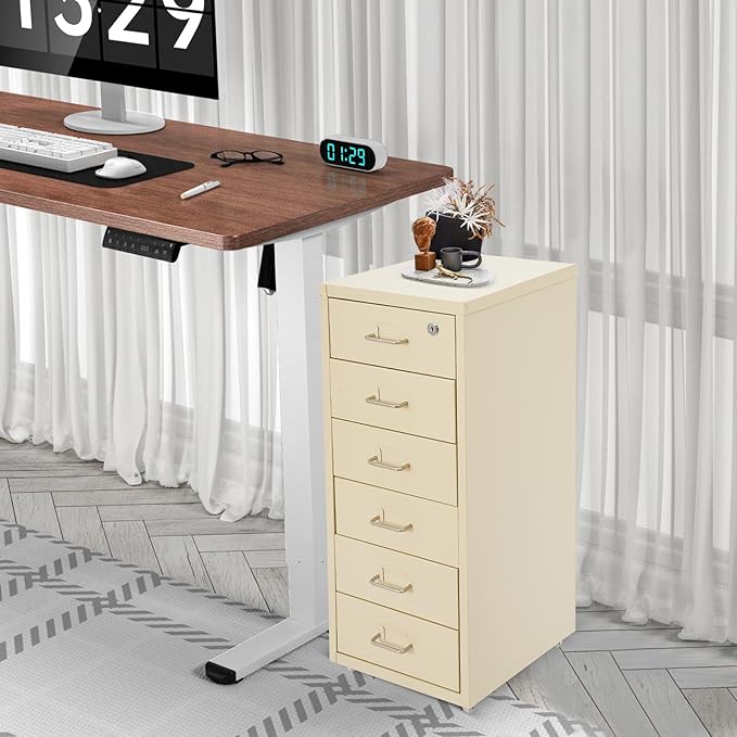 6 Tiers Metal File Cabinet with 6 Drawers Vertical Filing Cabinet with Lock & Wheels Freestanding Locking Storage Cabinet for Home Office, 11 * 16 * 27in (Beige)