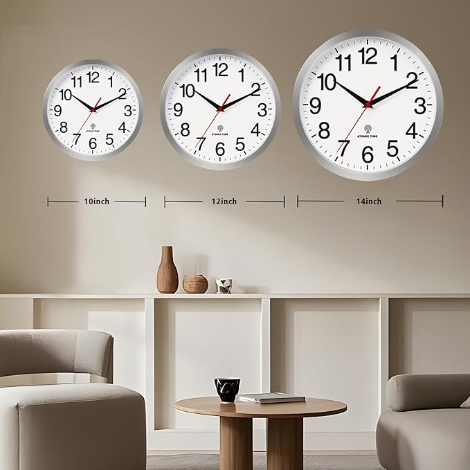 Atomic Wall Clock Modern 10 Inch Battery Operated Analog Clock Decorative for Bedroom Kitchen Bathroom Office Home Living Room (Silver)