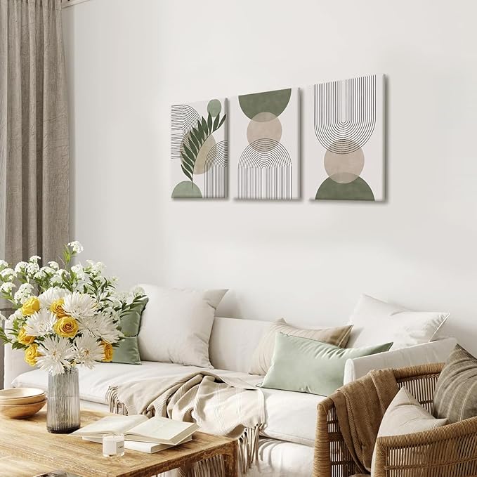 NCCXNCC 3Pcs Modern Geometric Canvas Wall Art Bohemian Style Green Abstract Wall Decor Art Minimalist Line Leaf Posters Print Suitable for Living Room Bedroom and Office Decoration 16x24 Inch Framed