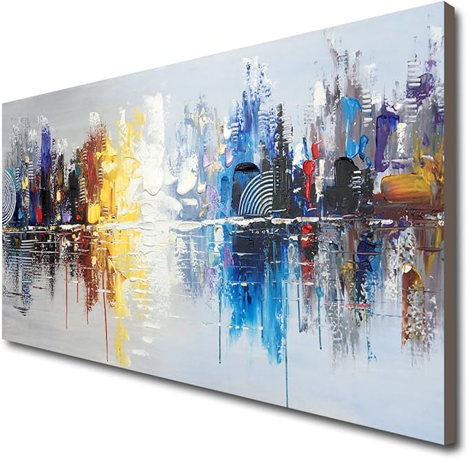 Hand-painted Textured City Oil Painting on Canvas Reflection Abstract Cityscape Wall Art for Decor