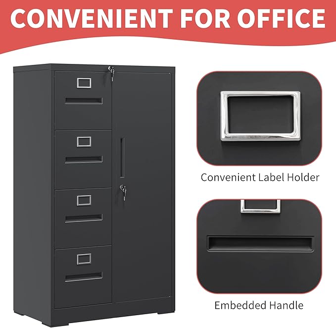 4 Drawer Metal File Cabinet with 1 Door,Steel Storage Locker Cabinets for Employees,Home Office Black Filing Cabinets for Legal/Letter Size Files,Assembly Required