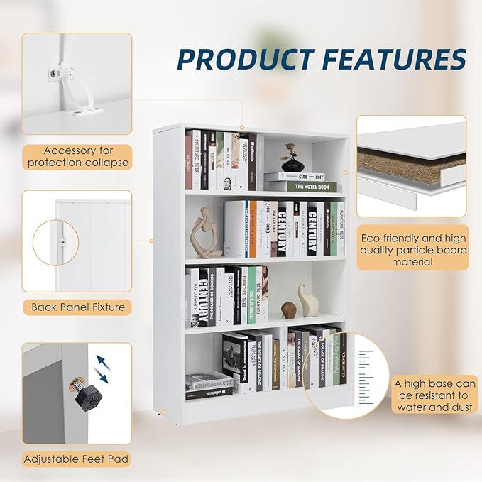 Farini White Bookshelf for Bedroom 4 Shelf Office Bookcase 48 Inches Tall Modern Wood Bookshelf for Living Room 4 Tier Wide Manga Books
