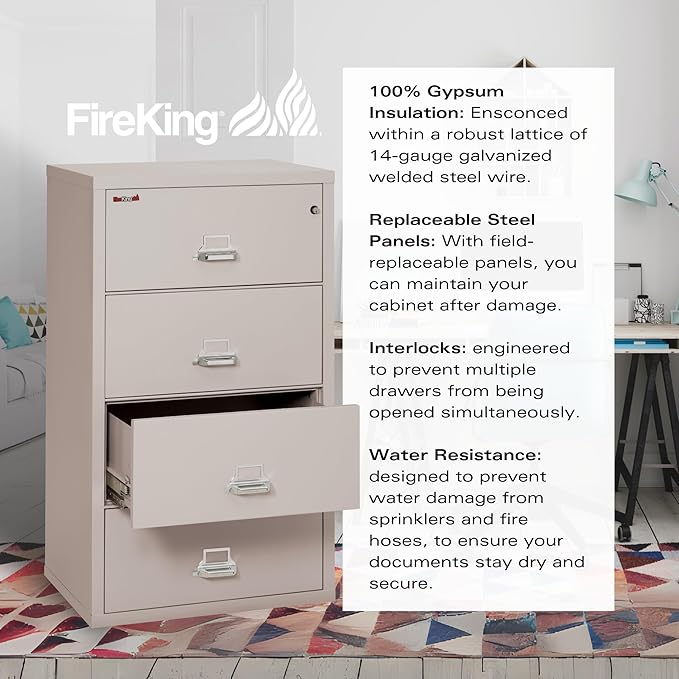 FireKing Fireproof Lateral File Cabinet (4 Drawers, Impact Resistant, Water Resistant), 31" x 22" D, Platinum, Made in USA