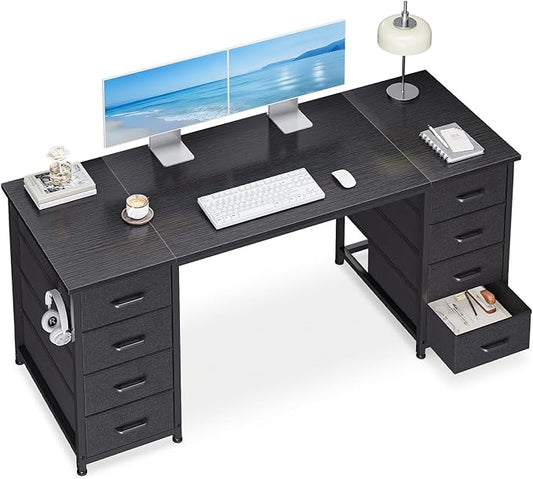 Casaottima 55 Inches Computer Desk with 8 Fabric Drawers, Modern Office Desk with Large Storage for Home Office, Study, Black