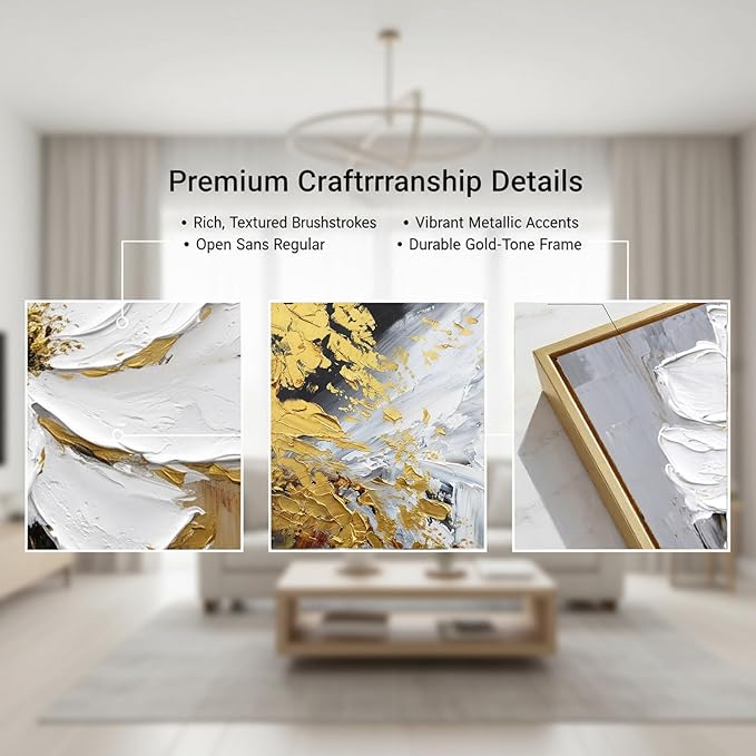 3 Pcs Hand-Painted Floral Canvas Wall Art for Living Room | 3D Textured Abstract White Flower Paintings with Gold Frames for Bedroom | Ready to Hang Modern Luxury Wall Decor for Office (24x64 Inches)