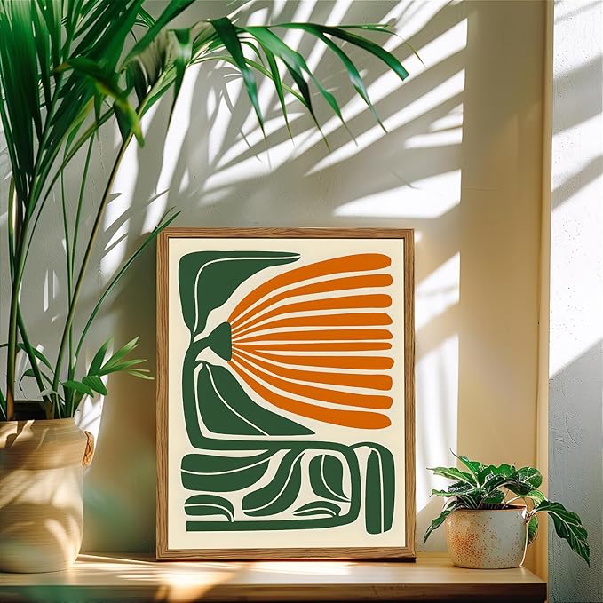 Framed Boho Floral Wall Art, Mid Century Modern Flower Canvas Wall Decor Pictures, Green and Orange Abstract Botanical Paintings Poster Prints Eclectic Home Decor for Living Room Bedroom 12x16 inch