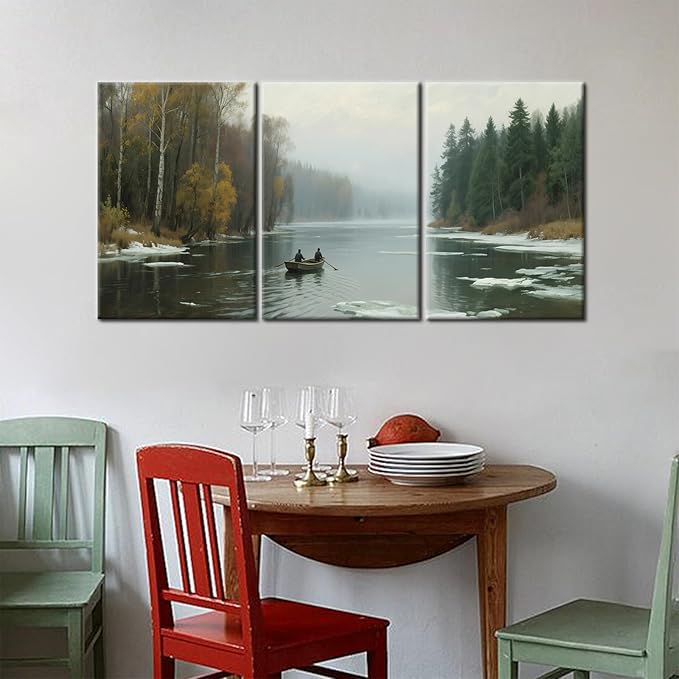 Nature Landscape Canvas Wall Art Mountain Forest Picture Painting River Scenery Posters Print Artwork for Home Bedroom Office Gallery Vintage Artwork for Walls Stretched and Framed [48''Wx24''H]