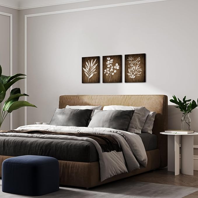 Conipit Rustic Botanical Wall Art Canvas Brown Botanical Painting Minimalist Vintage Leaf Plant Artwork Prints Framed For Living Room Bedroom Wall Decor 12''X16''X3pcs