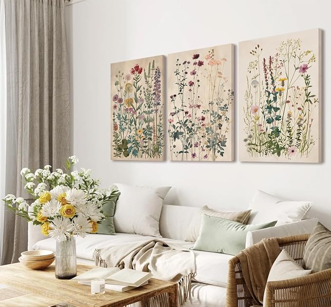 TUEASKY 3 Piece Canvas Wall Art Wildflower Wall Decor Botanical Pictures Floral Paintings Vintage Prints Watercolor Artwork for Bedroom Living Room