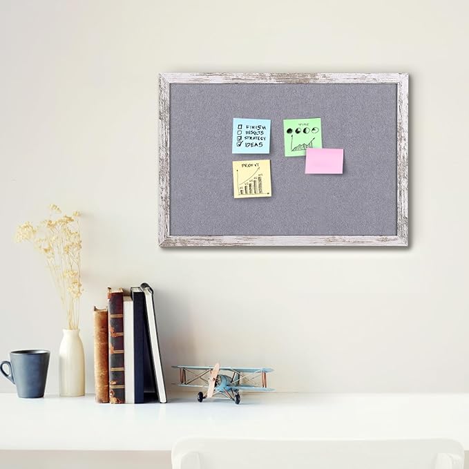 Gray Felt Bulletin Board, 23.6x15.7 inches Decorative Hanging Bulletin Boards for Walls with White Rustic Wood Frame, Pin Board Vision Board for Office Home School with Pins (4060,WH,1pc)