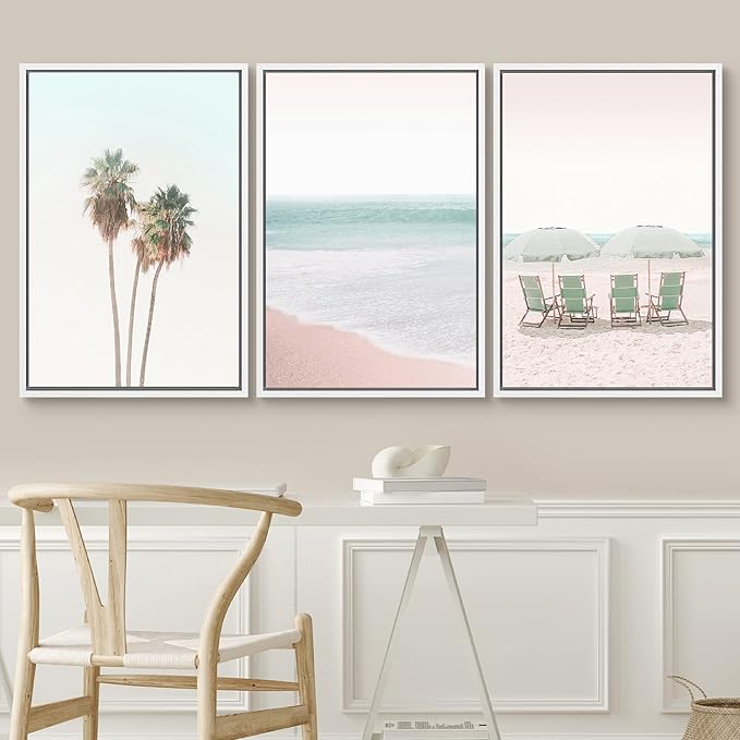 SIGNWIN Framed Canvas Print Wall Art Set Retro Vintage Pastel Tropical Island Beach Nature Wilderness Photography Modern Art Landscape Relax/Calm for Living Room, Bedroom, Office - 24"x36"x3 White