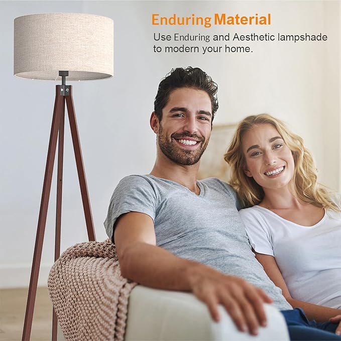 LEPOWER Wood Tripod Floor Lamp, Mid Century Standing Lamp, Modern Design Studying Light for Living Room, Bedroom, Study Room and Office, Flaxen Lamp Shade with E26 Base Dark Brown
