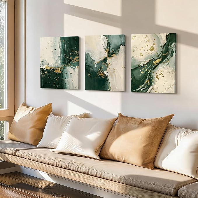 3pcs Emerald Green Wall Decor Living Room,Modern Green and Gold Marble Abstract Canvas Wall Art Painting Prints,Minimalist Framed Wall Art for Bedroom Office Home Decoration,Ready To Hang,12x16in