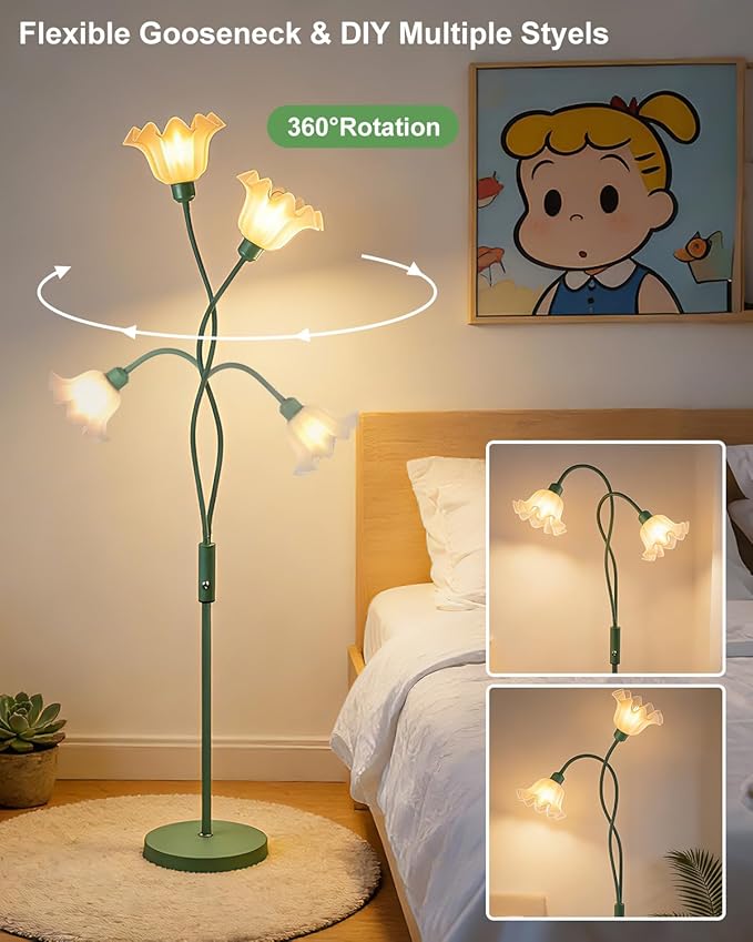 Lightdot Flower Floor Lamp for Living Room, Modern Dimmable Floor Lamp with DIY Goosenecks & Bulbs Included, Spring Green 2 Light Standing Tall Lamp for Bedroom/Kids Room/Sofa Beside/Corner Decor