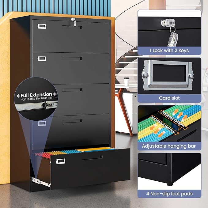 5 Drawer File Cabinet, Black Metal Lateral File Cabinet with Lock, Office Filing Cabinet for Legal/Letter/A4/F4 Size with Hanging Files, Lockable File Cabinets for Home Office