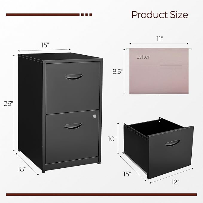 2 Drawer File Cabinet with Lock,Black Metal Filing Cabinets,Vertical Locking File Cabinet Fit Hanging Files, Letter,File Box and A4 Documents (Black)