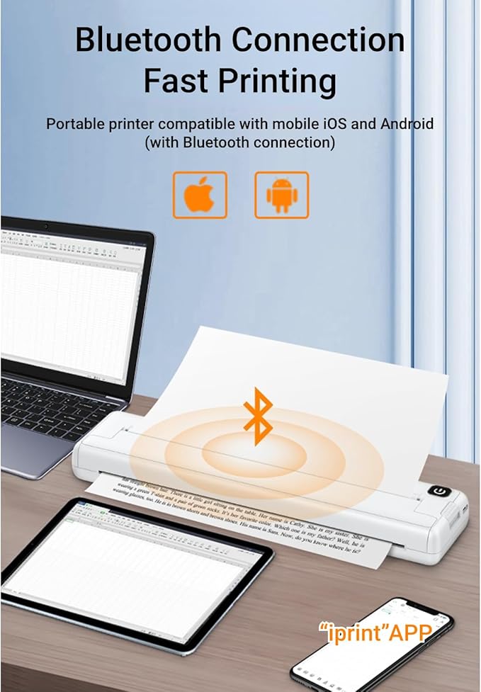 Yoidesu Portable Thermal Printer, Supports A4 Thermal Paper, 200DPI Inkless Mobile Travel Printers for Car School Office, Mini Bluetooth Printer for Android for iOS Phone