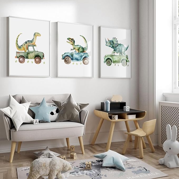 Dinosaur Nursery Wall Art Kids Canvas Poster Baby Boy Nursery Wall Decor Green Dino Pictures Toddler Prints Cartoon Dino Car Painting Boys Room Artwork for Bedroom Bathroom 12x16x3 Inch Unframed