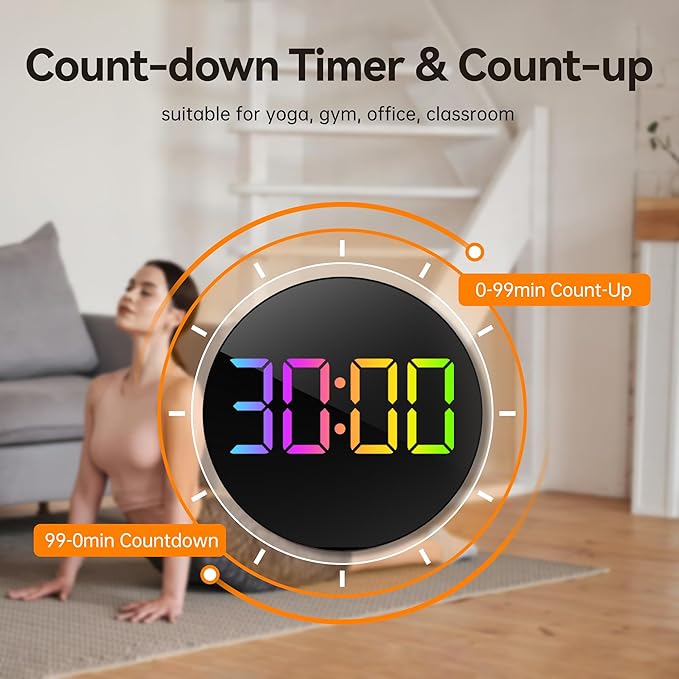 JALL 10" Large Digital Wall Clock with Seconds, Alarm Countdown Timer, Big LED Display, RGB Color, DST, Temperature, Mounted for Bedroom Living Room Office Classroom Gym, Xmas Birthday Gift, White