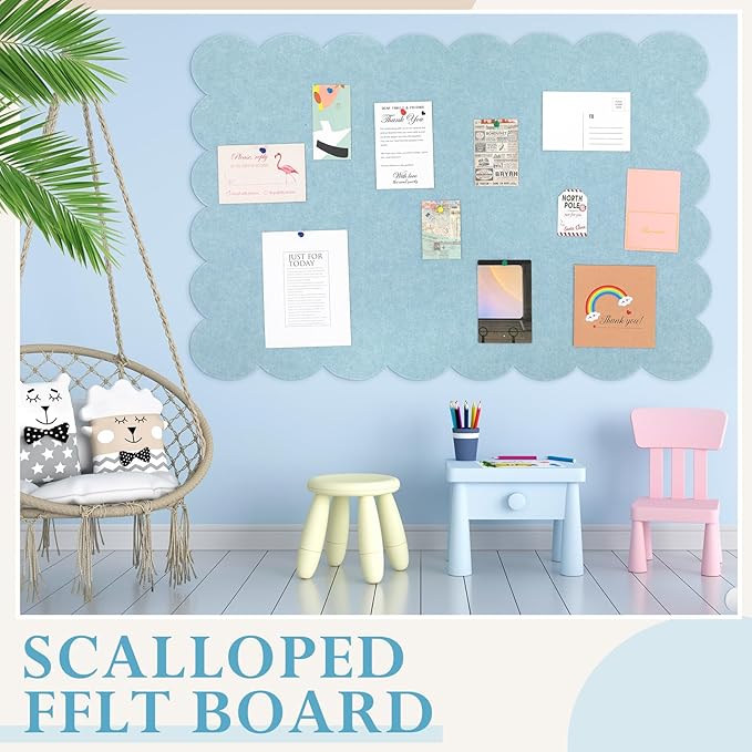 Scalloped Felt Bulletin Board 48 x 36 Inches Foldable Light Blue Pin Cork Board Alternative for Wall, 4' x 3' Trifold Picture Vision Self Adhesive Bulletin Decorative