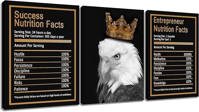 Inspirational Canvas Wall Art Home Decor 3 Piece Poster Print Eagle Success Nutrition Facts Motivational Quotes Painting Artwork for Home Bedroom Bathroom Wall Picture Ready to Hang [36''W x 16''H]