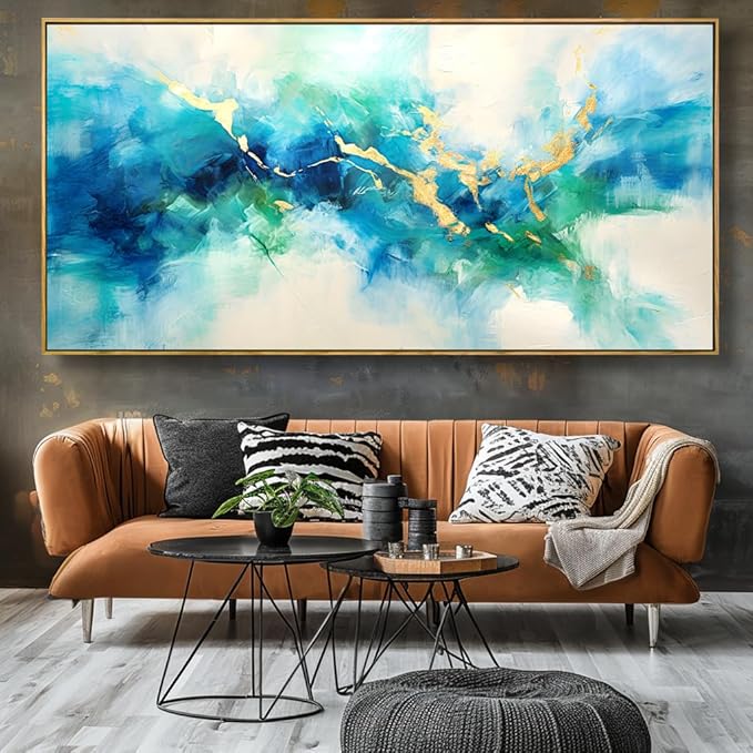 Wall Art Abstract Canvas Painting Green Blue and Gold Fantasy Wall Decor Modern Artwork for Bedroom Living Room Dining Room Home Office Decor 20"x40" with Framed