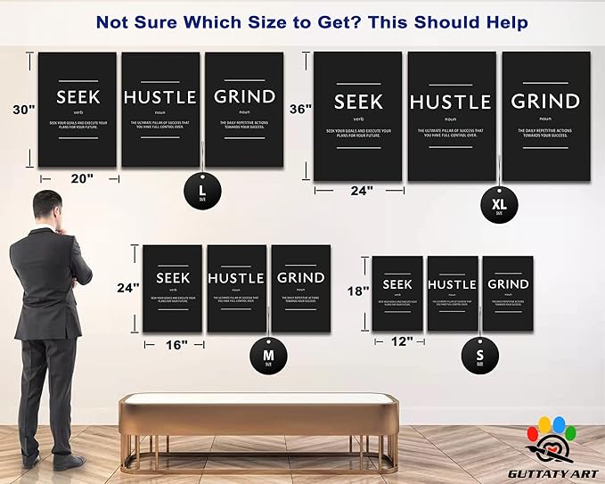 Office Wall Art - 3 Panel Motivational Wall Art, Inspirational Quotes Canvas Art for Home Office Wall Decor, Positive Quotes Wall Decor, Entrepreneur Grind Hustle Execution Poster Frame (12”x18”x3Pcs)