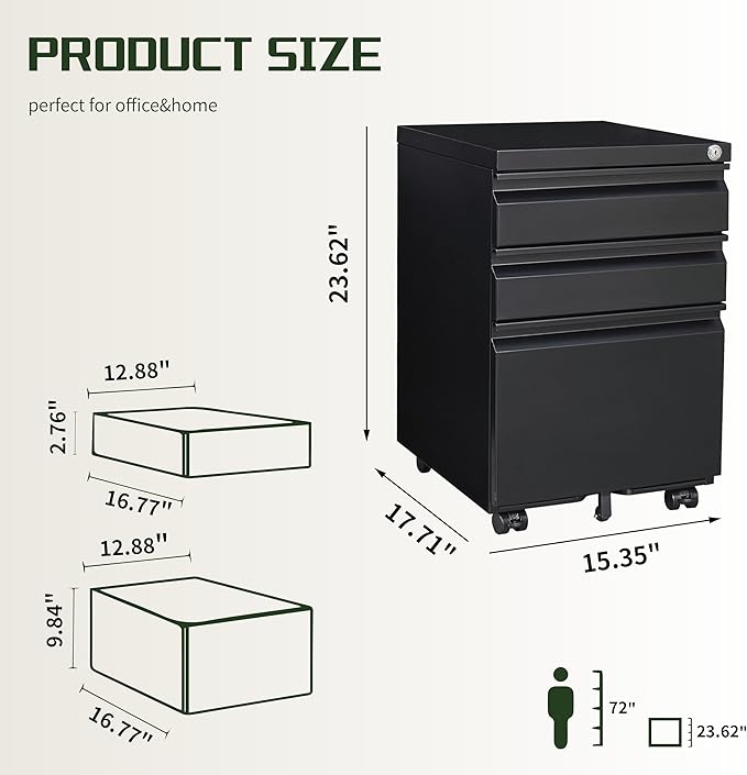 3 Drawer File Cabinet with Lock,Rolling Mobile File Cabinet with Wheels for Home Office,Under Desk Metal Filing Cabinet,Office Storage Organizer,Requires Assembly,Black