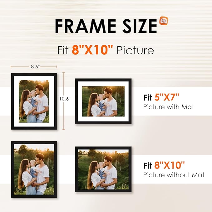 FIXSMITH 8x10 Picture Frame Set of 2, Photo Frame with HD Plexiglass, Display Pictures 5x7 with Mat or 8x10 Without Mat Multi Picture Frames Collage for Tabletop or Wall Display, Black