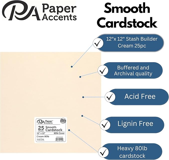 PA Paper Accents Smooth Cardstock 12" x 12" Cream, 80lb 80lb Colored Cardstock Paper for Card Making, Scrapbooking, Printing, Quilling and Crafts, 25 Piece Pack