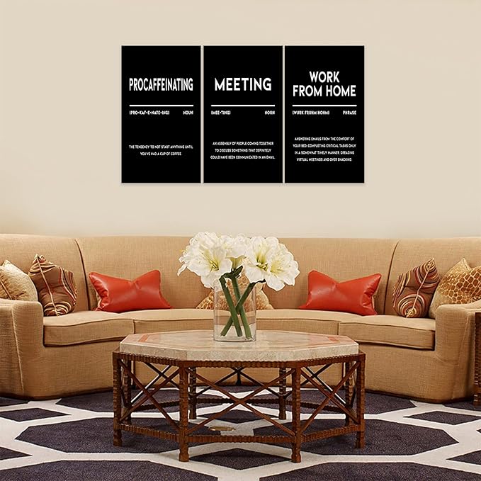 3 Piece Inspirational Canvas Wall Art, Quotes "Procaffeinating - Meeting - Work From Home" Motivational Print Pictures, Triptych Entrepreneur Poster Framed Artwork for Men Women Room Decor(72"Wx36" H)