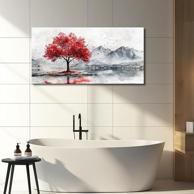 QIYILEXWART Canvas Wall Art For Living Room Wall Decor For Bedroom Office Wall Decoration Red Tree Landscape Painting Farmhouse Pictures Artwork Room Aesthetic Home Decor 20x40 In