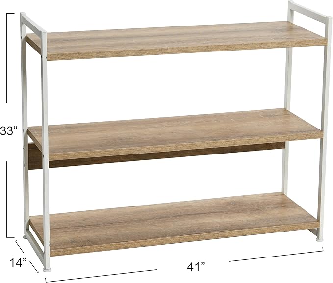 Household Essentials Jamestown Wide 3 Shelf Open Storage Bookshelf Coastal Oak Rustic Wood Grain and White Metal