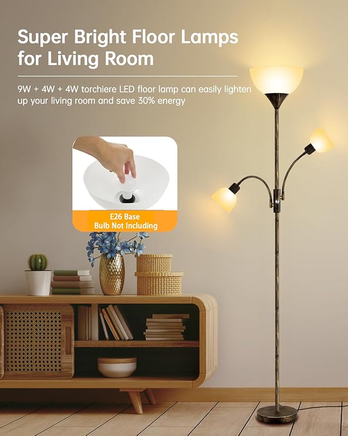 Floor Lamp, Torchiere Floor Lamps for Living Room, 71 Inch Tall Standing Lamp, Bedroom Lamps with Reading Light, Rotary Switch, 3 Plastic Lampshade, Torch Floor lamps for Bedroom (Bronze, No Bulb)