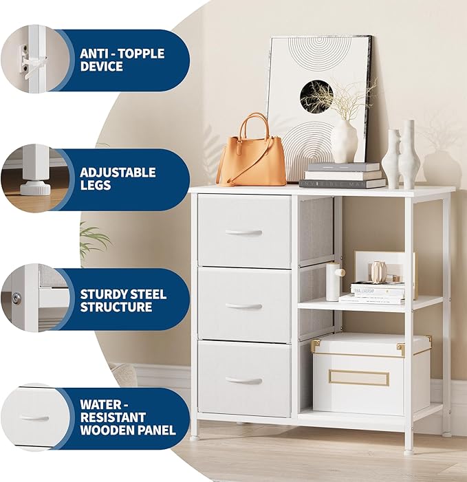Garvee 3 Drawer File Cabinet, Printer Stand with 2 Open Storage Shelves, Fabric Filing Cabinet Under Desk Office Organizer for Home Office, Modern Storage Solution, White