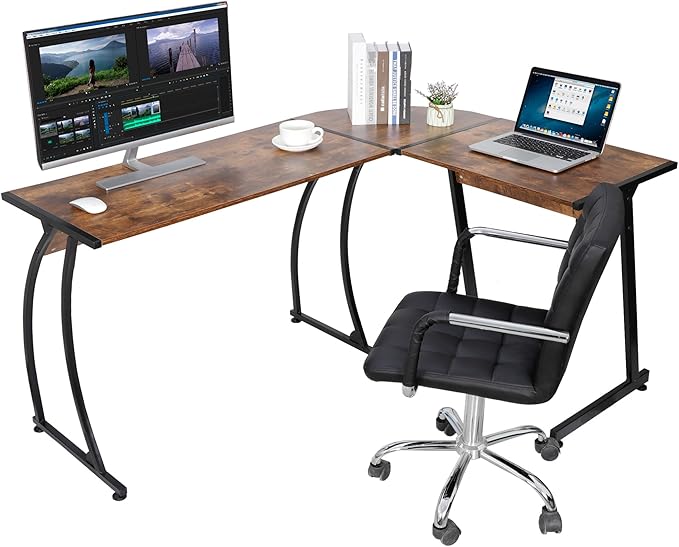 SUPER DEAL L-Shaped Corner Desk Computer Gaming Desk - 58 Inch Modern Home PC Table Office Writing Workstation, Rustic Brown