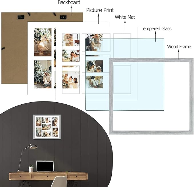 Golden State Art, Set of 10, 13.7x15.7 Matted Grey Wood 7-Opening for 4x6 Collage Picture Frame