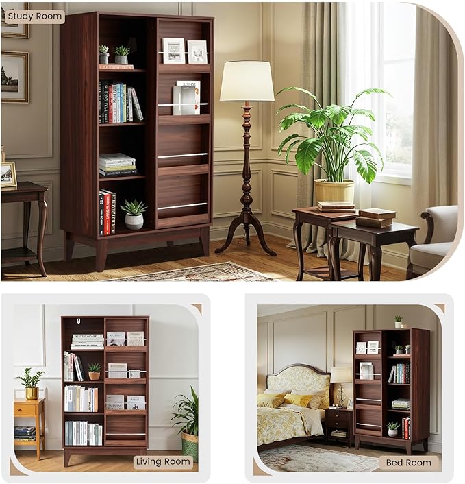 JOMEED 4 Tier Bookshelf with Sliding Door and Magazine Rack, Double Wide Modern Bookcase with Sturdy Legs, Floor Standing Display Book Cabinet for Living Room, Bedroom, Library, Office Walnut