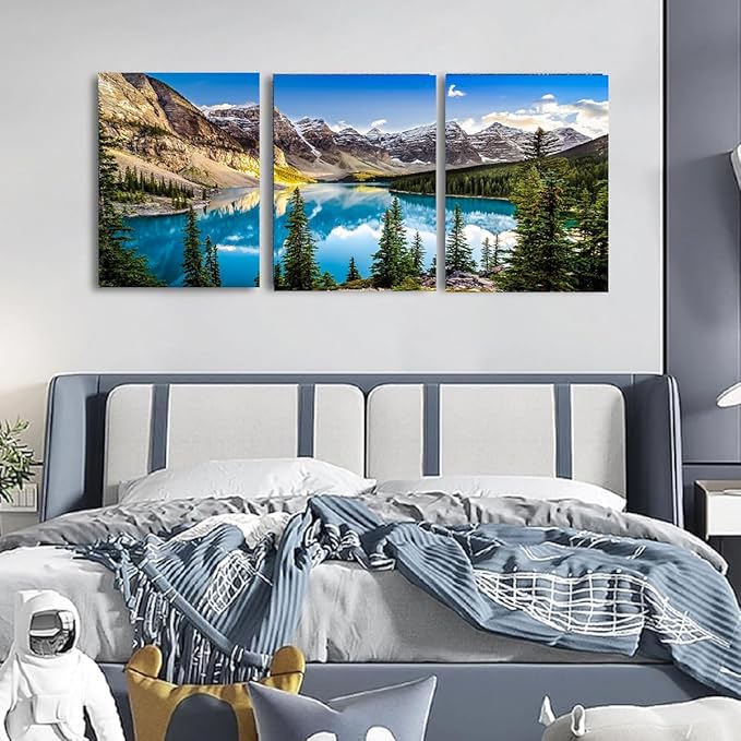 Yxbhhym Canvas Wall Art for Living Room Lake Mountain Wall Art Landscape Picture Blue Sky Forest Print Scenic Nature Painting Wall Decor Bedroom Modern Framed Office Artwork Bathroom Home Décor