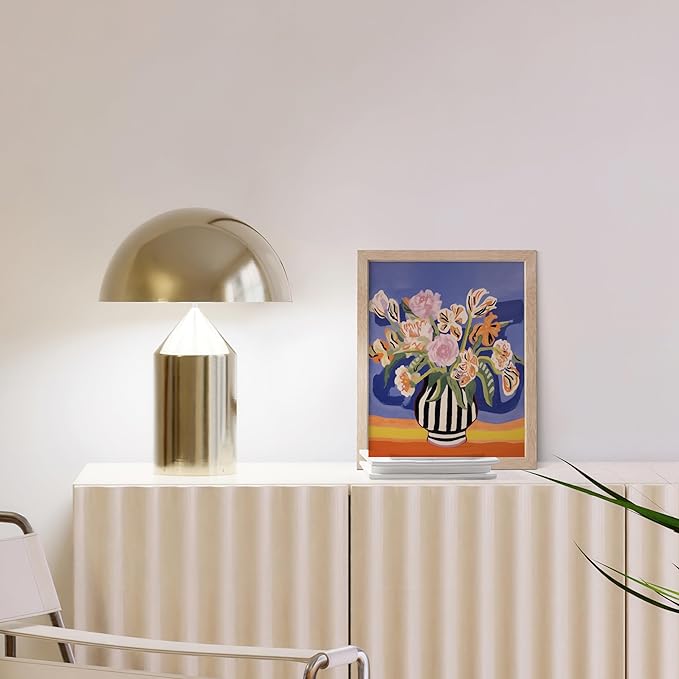 HAUS AND HUES Floral Art Wall Decor - Wildflowers Wall Art for Living Room, Floral Artwork for Bedroom Walls, Flower Painting for College Girls Dorm Room (Striped Vase, Beige Frame, 8x10)
