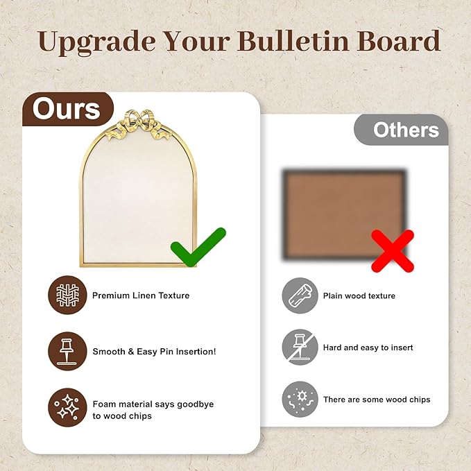 Vintage Arched Linen Cork Board with Gold Bow – Decorative Bulletin Board for Walls, Metal Frame Pin Board for Notes, Photos & Reminders, Elegant Vision Board for Home & Office 16"x21"