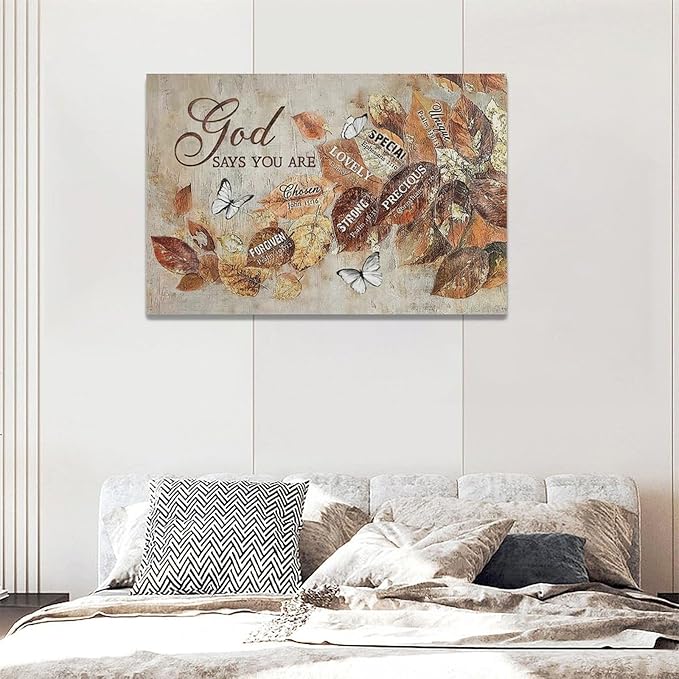 yerretin Fall Christian Leaves Wall Art Autumn Religious Pictures Wall Decor Rustic God Says Canvas Painting Modern Artwork Home Decoration for Living Room Bathroom Bedroom Office Framed 24"x16"