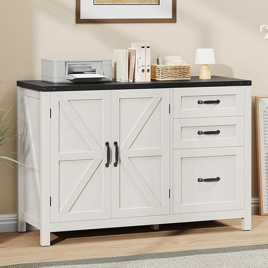 Farmhouse File Cabinet with Doors, Lateral Filing Cabinet with 3 Drawers for Letter/A4 Size Hanging Files, Large Wooden Storage Cabinet with Adjustable Shelves for Home Office, White and Black