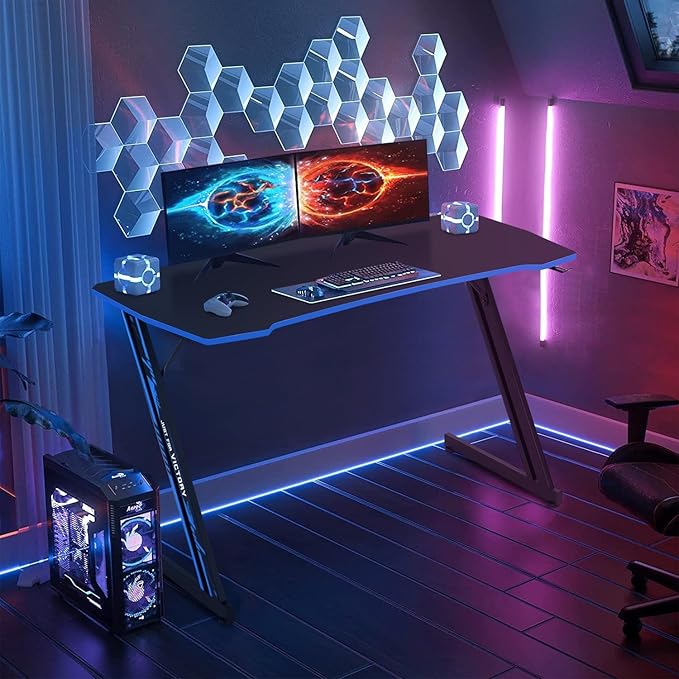 Z-Shaped Gaming Computer Desk - 47" Large Gaming Table with Carbon Fiber Surface, Sturdy Metal Frame, Blue