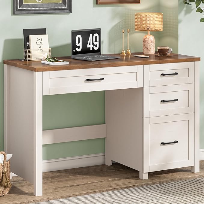 Vabches Farmhouse 47" Executive Desk with 4 Drawers, Computer Desk with File Drawer and Charging Station, Workstation for Home Office, Study.（Unique White）