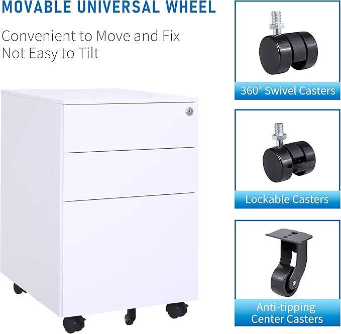3 Drawer File Cabinet with Lock, Steel Mobile Filing Cabinet on Anti-tilt Wheels, Rolling Locking Office Cabinets Under Desk for Legal/Letter Size (White)