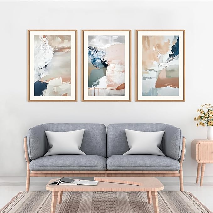 Large Abstract Brush Strokes Framed Canvas Wall Art,Neutral Navy Blue Wall Decor,Modern Pastel Wall Painting,Grey White Toned Artwork for Living Room,Bedroom,Dining Room,Office -16"x24"x3