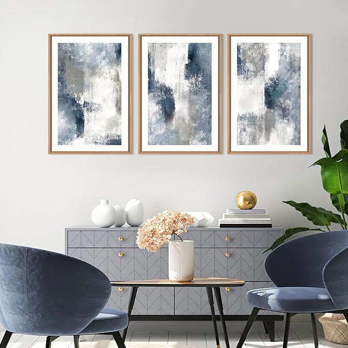 HOURIA Abstract Navy Blue Gray Framed Canvas Wall Art Set,Neutral White Brush Stroke Wall Decor,Minimalist Color Block Shapes Artwork,Modern Pastel Prints for Living Room,Bedroom,Farmhouse- 24"x36"x3